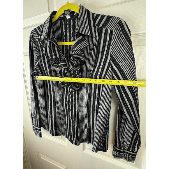 Spense Ruffled Collared Striped Shirt Black Gray cottagecore coquettish M 50-26 - Picture 8 of 15